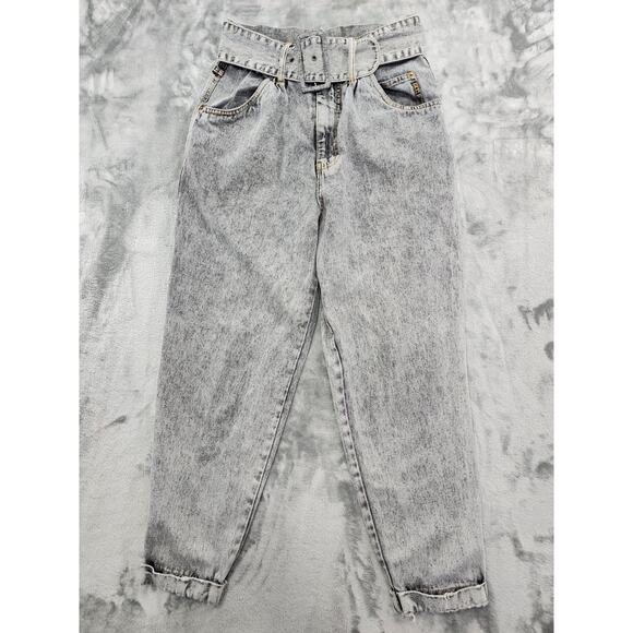 Vintage 80s GET! Super High Rise Belted Cuffed Acid Wash Jeans Size 13/14 Black - Picture 1 of 14